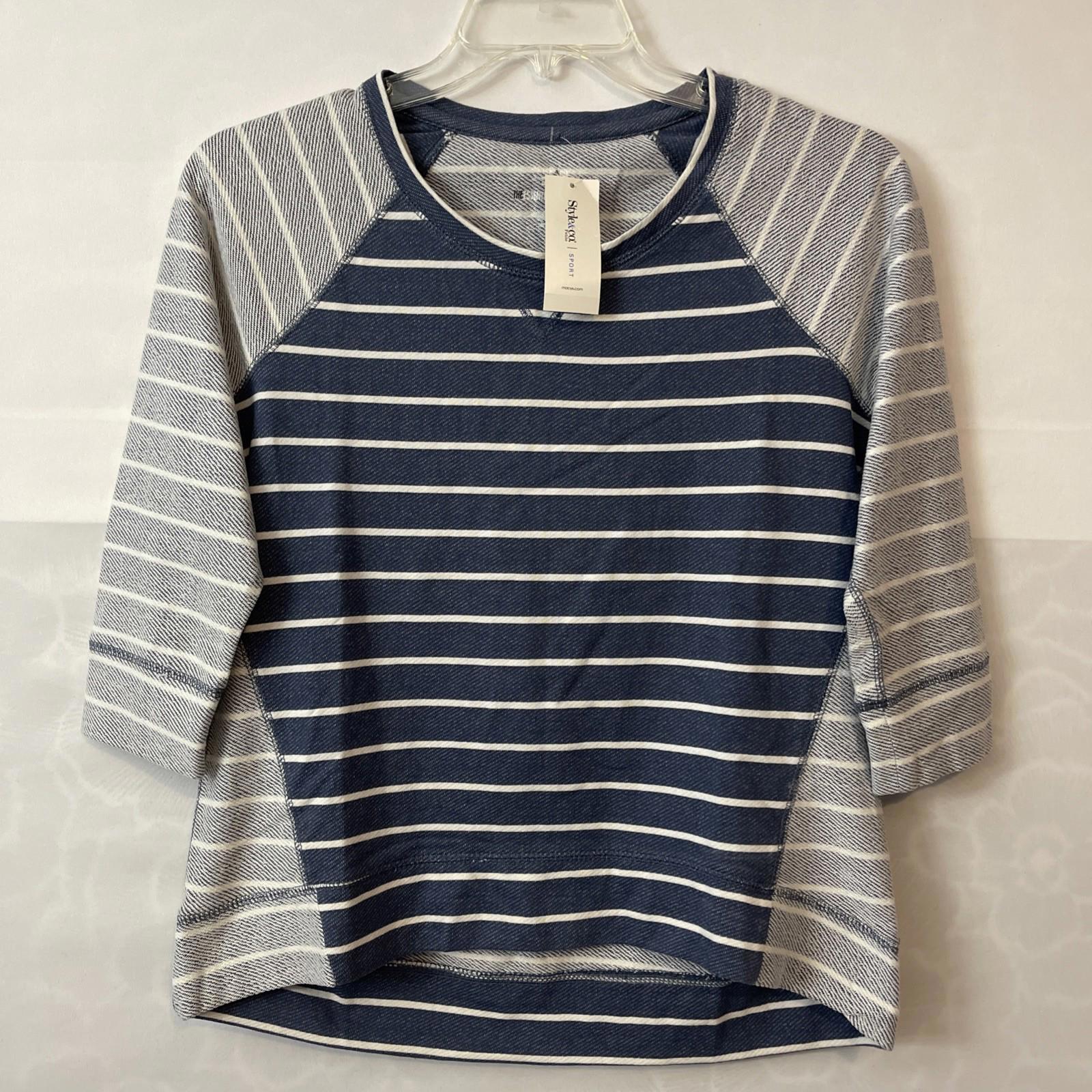 Style Co Sport Womens Petite Medium Blue Striped Essential Sweatshirt Nwt! A6505